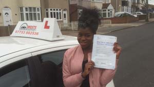 Aisha Essel passed with Wests School of Motoring Romford Essex